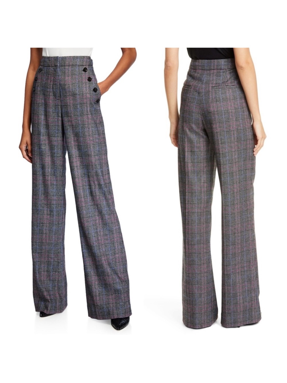 Veronica Beard Tuli Wide Leg Pants Trousers in Glen Check Plaid Size 2